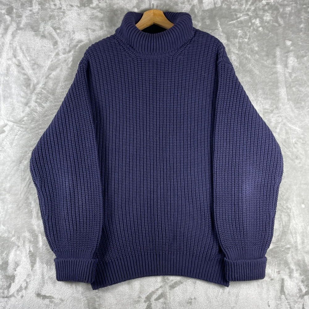 Orvis Sweater Mens Large Navy Wool Ribbed Turtleneck Roll Neck Fishermen Chunky